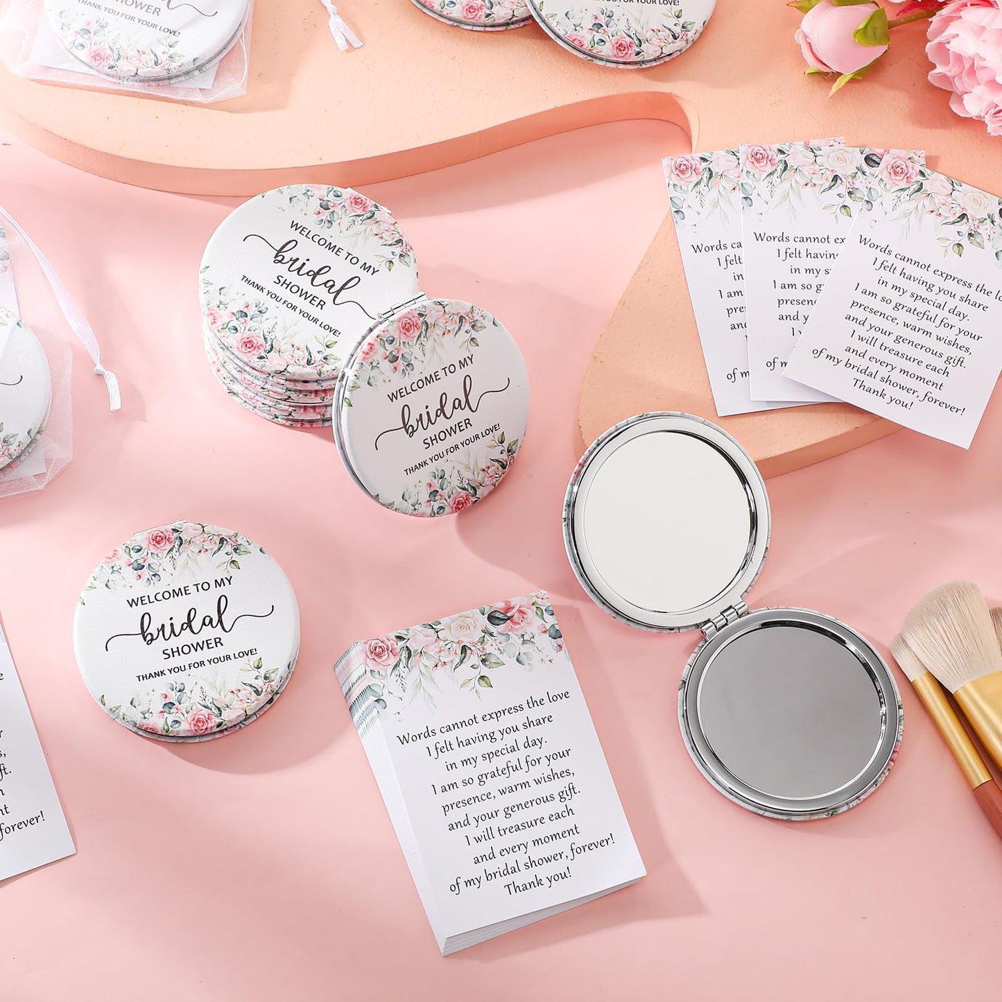 XunYee 24 Sets Bridal Shower Favors for Guests Flower Design Makeup Mirrors Leather Compact Mirrors Bridal Thank You Cards with Organza Bags Bridesmaid Gifts Wedding Party Favors Supplies (Pink)