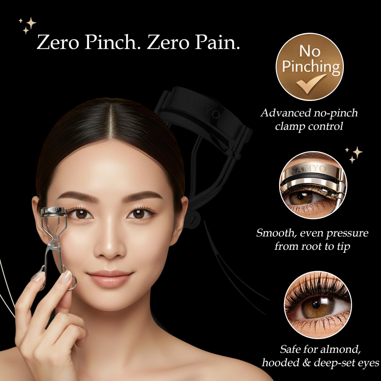 NAMYO Eyelash Curler – Precision Lash Curler for Almond, Hooded and Deep-Set Eyes with Ergonomic Handle and Refill Pad – Compact Travel Size - Grey