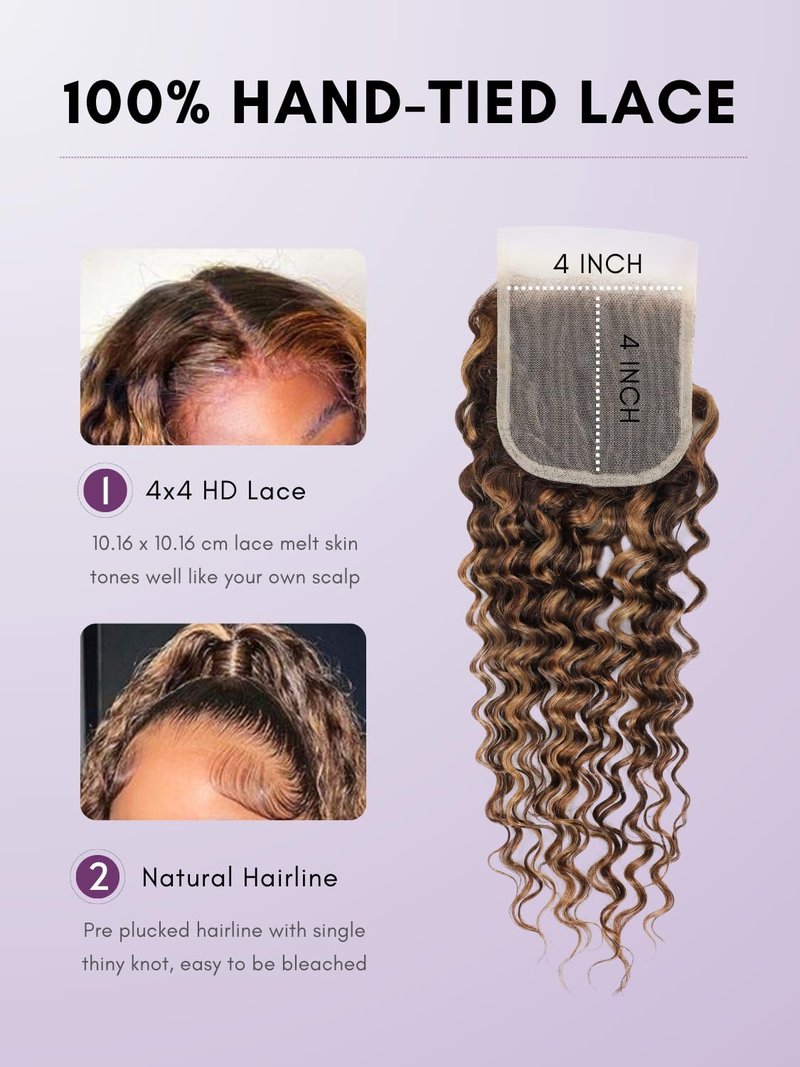 AUROO Honey Blonde Highlight Deep Wave Closure Only Human Hair, 100% Hand Tied 12A Brazilian Virgin 4x4 HD Transparent Lace Closure Pre Plucked P4/27 Ombre Brown Curly Lace Closure Sew In Remy 14 Inch