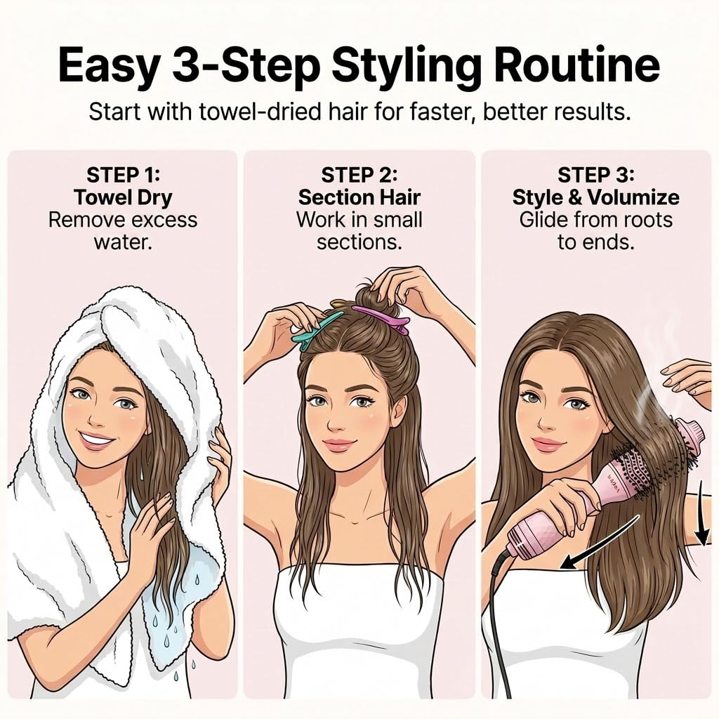 SAOSA Hair Dryer Brush Blow Dryer Brush in One, 4-in-1 Professional Titanium Ionic Hot Air Brush & Volumizer with ALCI Safety Plug for Medium to Long Hair (Pink)