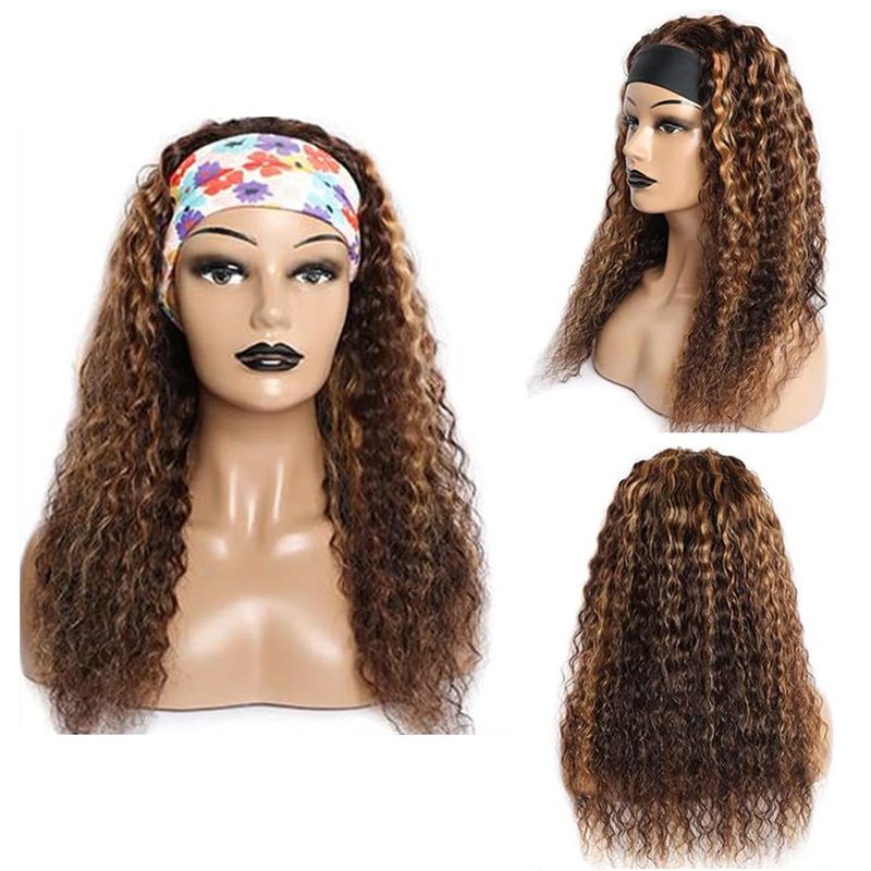 Youngirl Ombre Deep Wave Headband Wig Human Hair #4/27 Curly Headband Wigs for Black Women Human Hair Glueless None Lace Front Wigs Brazilian Virgin Hair Wig Machine Made 150% Density 12 Inch