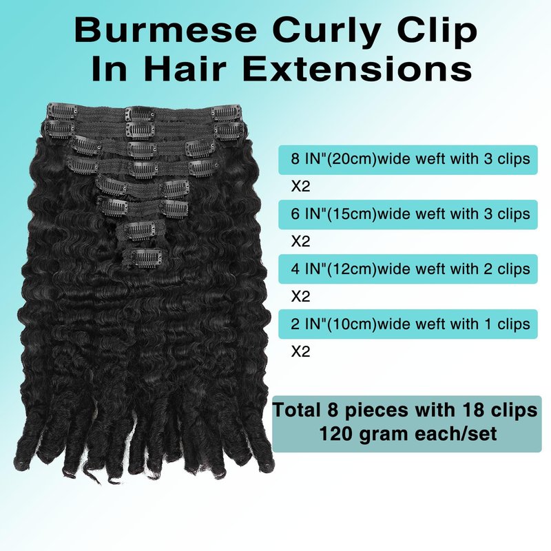 Burmese Curly Clip In Hair Extensions Real Human Hair 8pcs 120g/Set Spirally Curly Classic Clips Ins Full Head For Black Women 16 Inch Natural Black