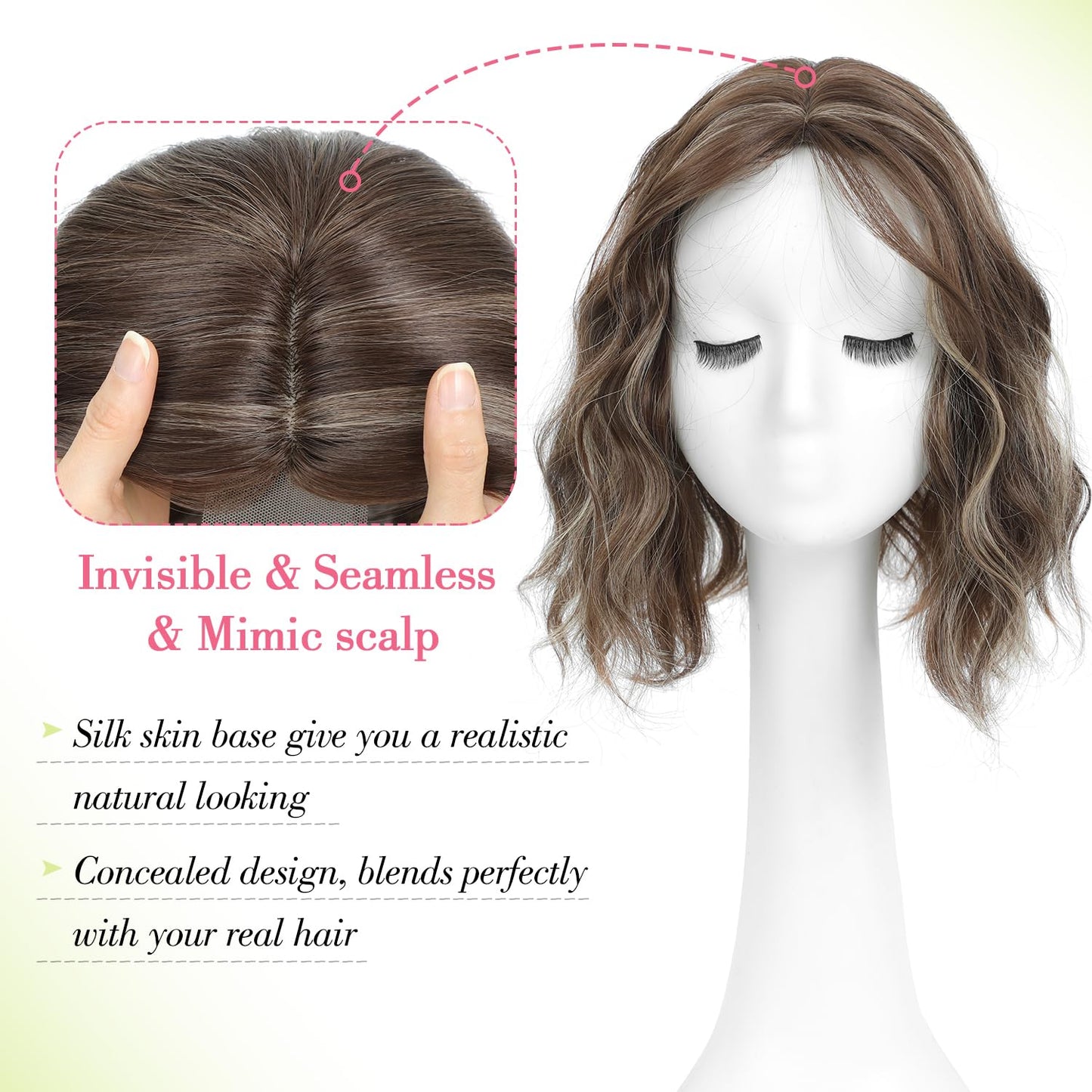 Ms Taj 11 Inch Short Wavy Hair Topper for Women with Thinning Hair, Synthetic Lightweight Breathable Hairpiece with 6.5"x6.5" Base, Instantly Adds Volume and Coverage（Dark Ash Brown with Highlights）
