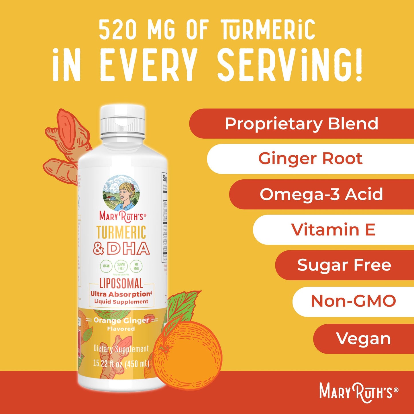 MaryRuth’s Turmeric & DHA Liposomal | Enhanced Absorption | Turmeric Curcumin Supplement 520mg for Joint Health & Cognitive Health | Curcumin | Ginger Root Oil | Omega-3 DHA | Sugar Free | 15.22 oz