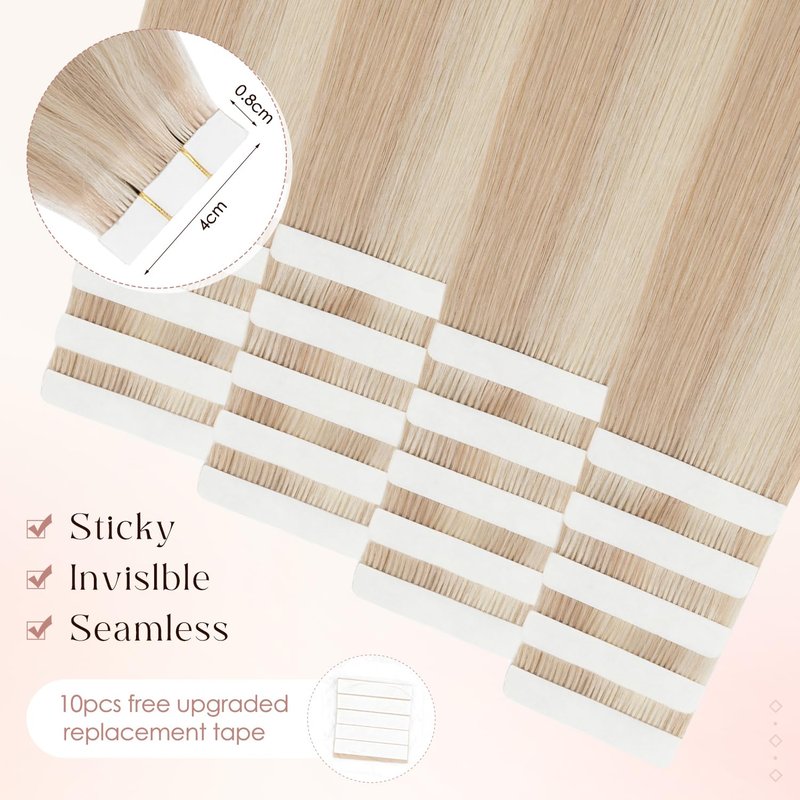 Human Hair Tape in Extensions-Double Stitched,SLEEKALON Free-cut Mini Tape ins Real Hair Extension Platinum Blonde Invisible Seamless Straight Double Side Tape Hair Extension-18 Inch,20pcs 50g,#60