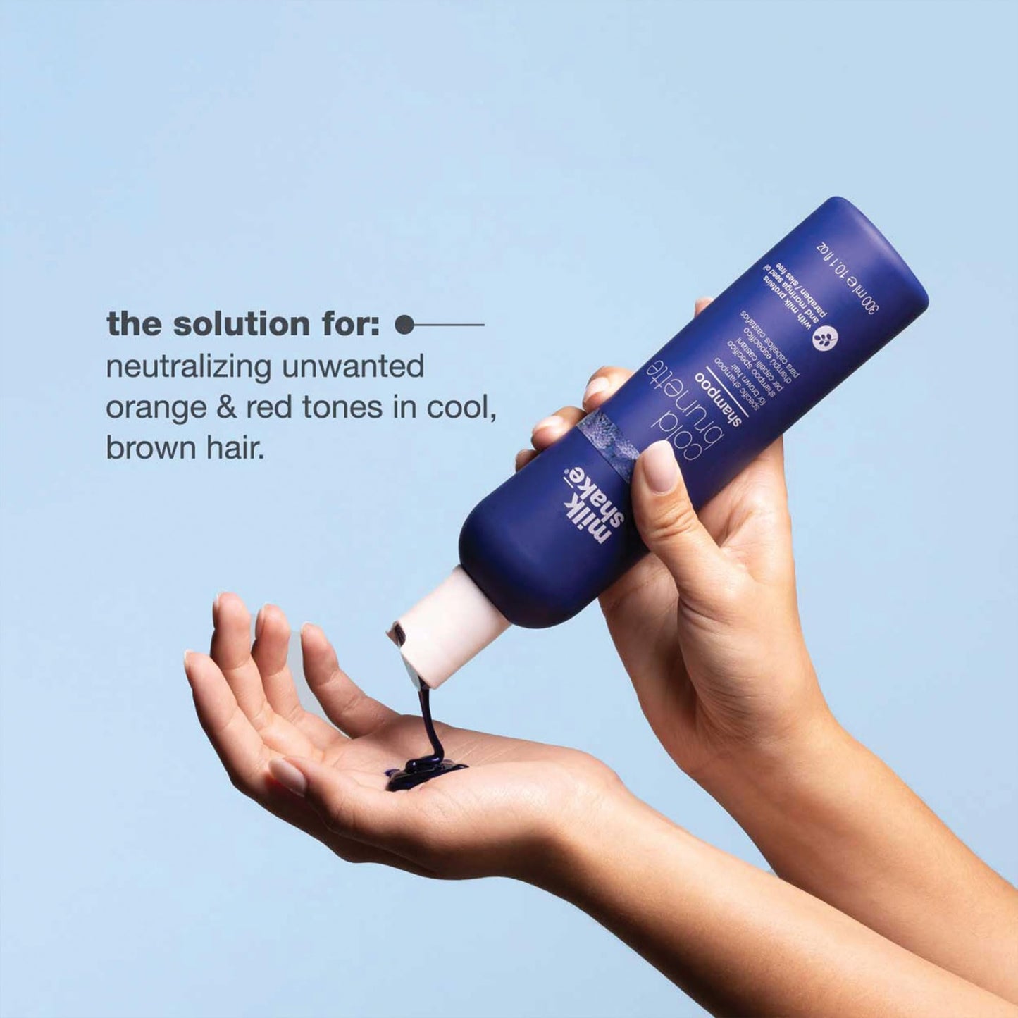 milk_shake cold brunette shampoo | toning shampoo with blue pigment to neutralize orange and red in brunette hair | strengthens, boosts shine, and extends color | SLS/SLES-free