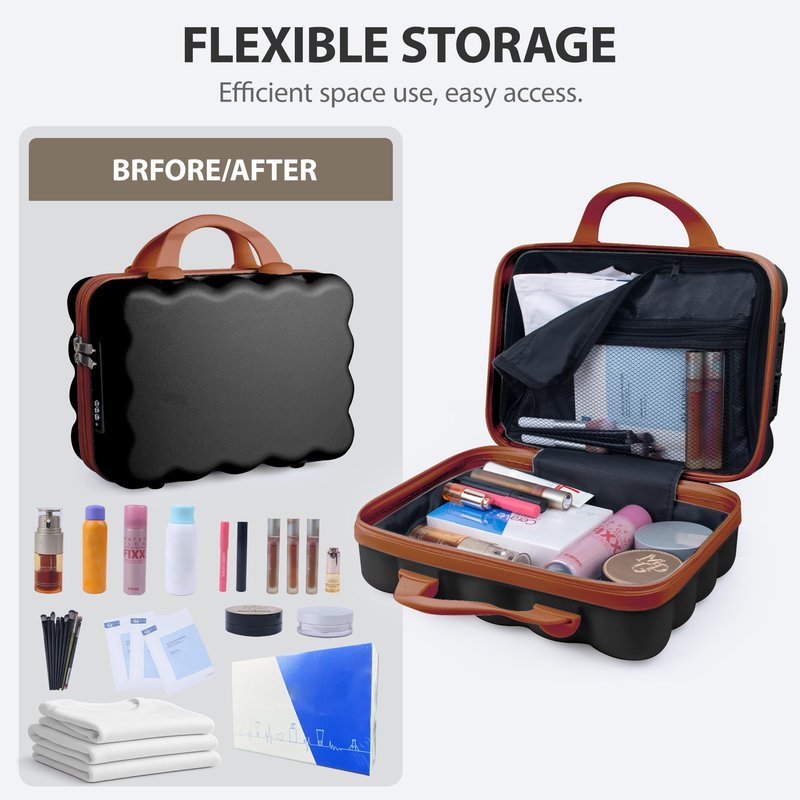 GigabitBest Portable Makeup Travel Case，PC+ABS hard shell cosmetic case,Women's portable cosmetic case with safety lock, suitable for travel and daily use-Black/Brown