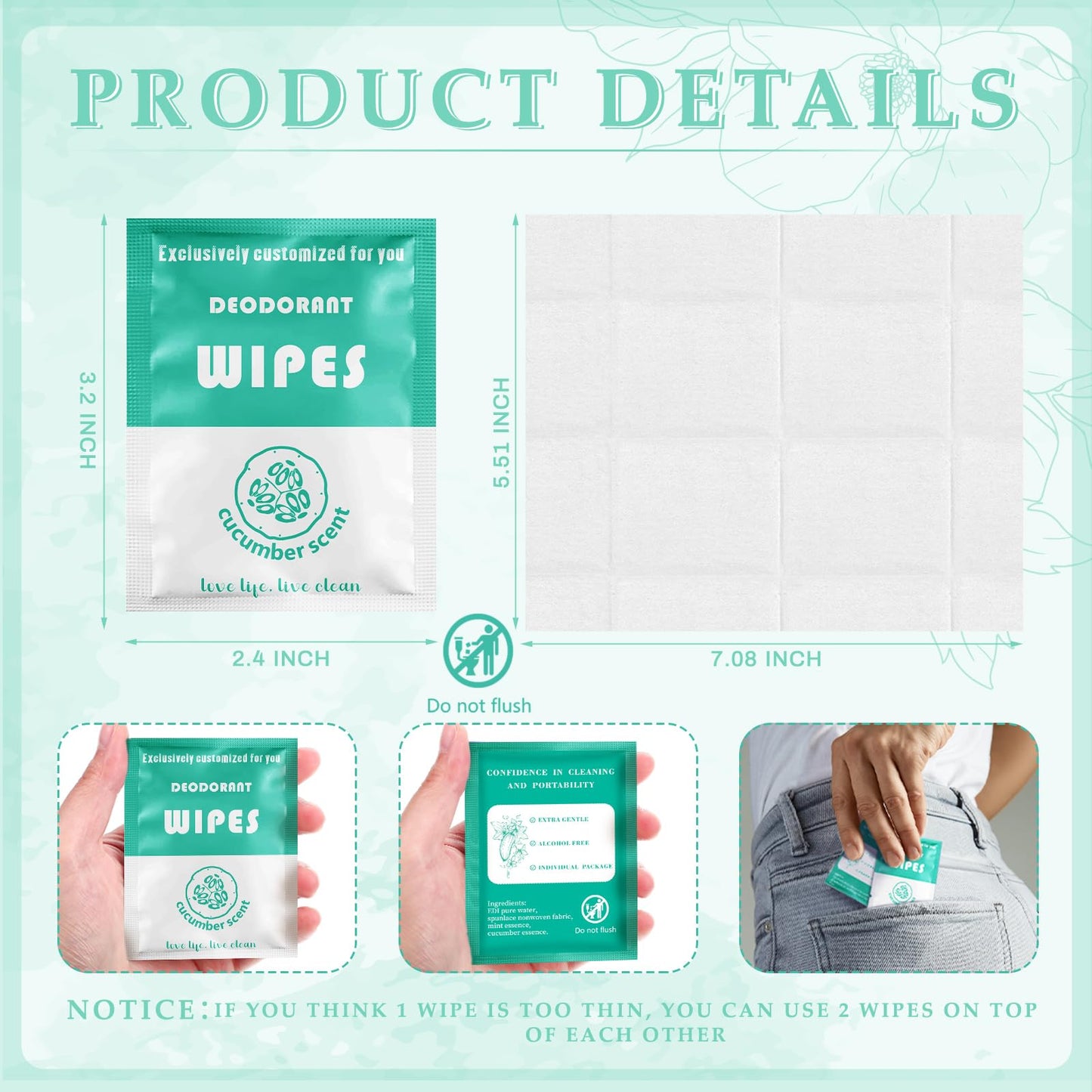 Timgle 200 Count Deodorant Wipes Bulk Individually Wrapped Travel Size Wipes for Men Women Body Underarm Deodorant Remove Sweat Sports Travel Clean Skin Daily Use Female Male(Green)