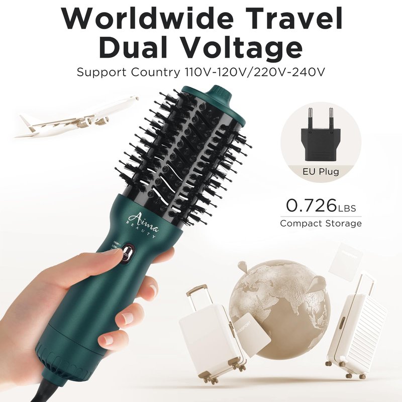 Aima Beauty Hair Dryer Brush Dual Voltage Travel Blow Dryer Brush Hot Air Brush with Oval Barrel 360°Airflow for Smooth,Negative Ionic Frizz-Free Drying/Straightening/Voluming, Dark Green