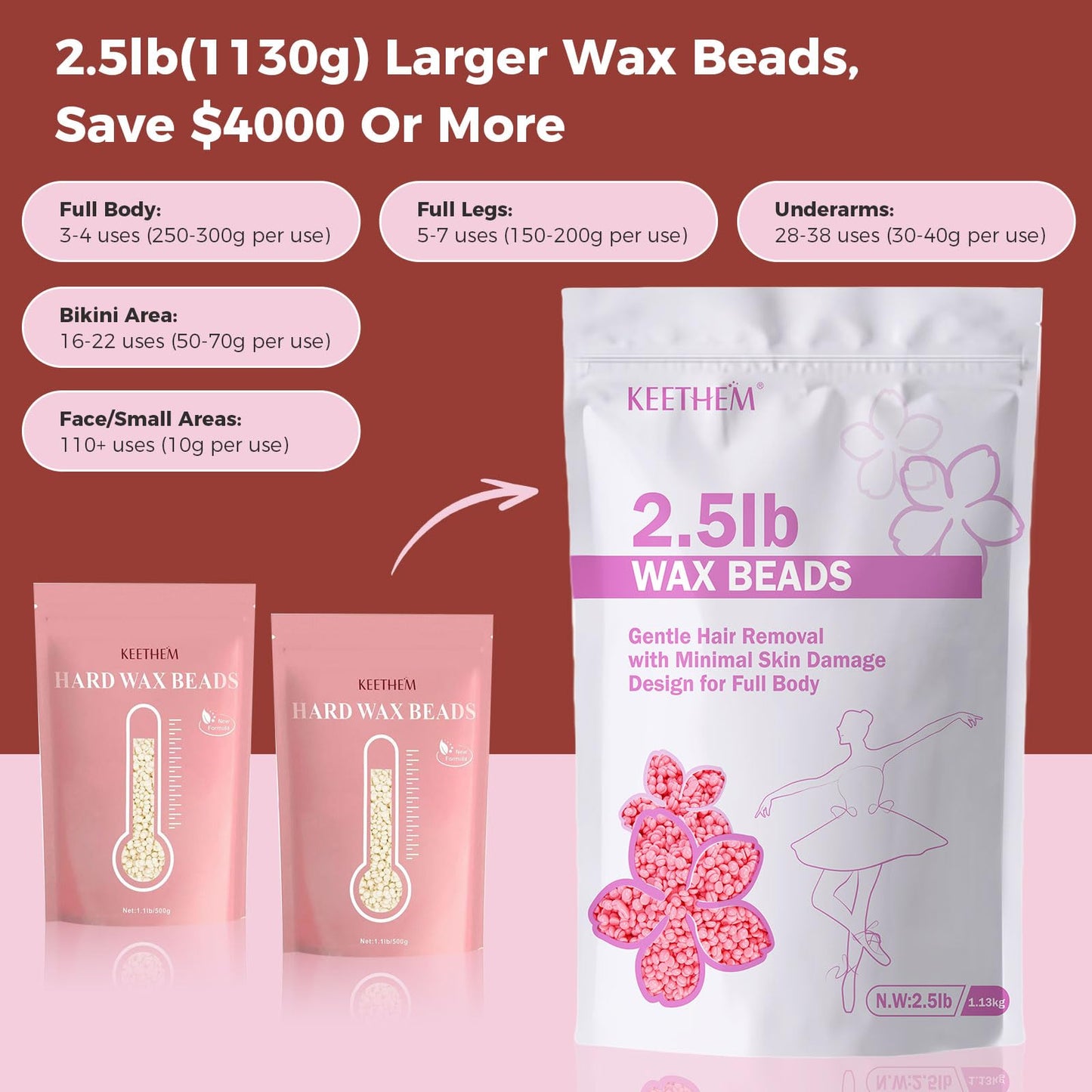 Keethem 2.5lb Wax Beads, Hard Wax Beads for Coarse Hair Removal and Sensitive Skin- Waxing Beads for Women Men - Hard Wax Recommended for Full Body Bikini Brazilian Waxing (Rose)