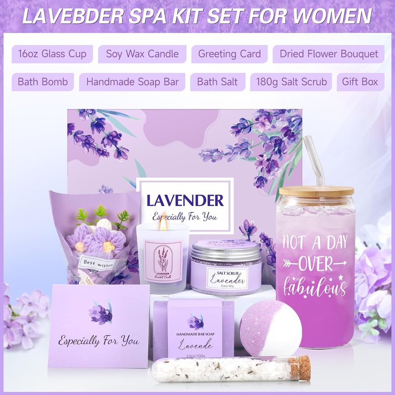 Spa Gift Baskets for Women - Lavender Relaxation Kit | Perfect Birthday & Self-Care Gift for Mom, Wife, Sister, Friends