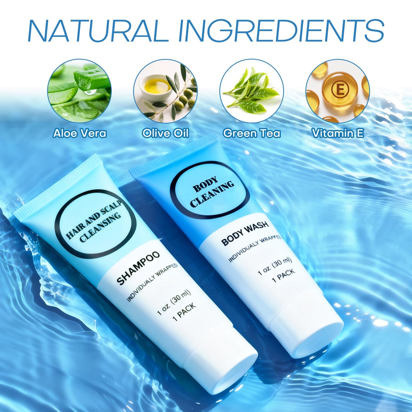 RSQAZQ Travel Size Shampoo and Body Wash Bulk, Individually Wrapped Hotel Mini Shower Gel and Small Men Women Cleansing Toiletries Amenities for Hotel/Vacation/Homeless 1 oz (3.7inch, Count, 100)