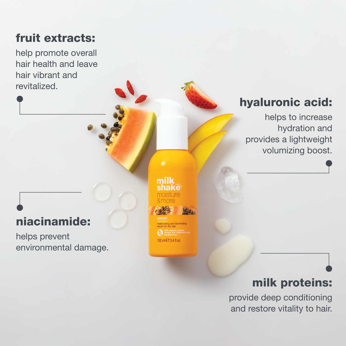 milk_shake moisture & more serum | hydrating leave-in treatment for dry hair | with milk proteins, fruit extracts & hyaluronic acid to smooth and add shine | 3.4 fl oz