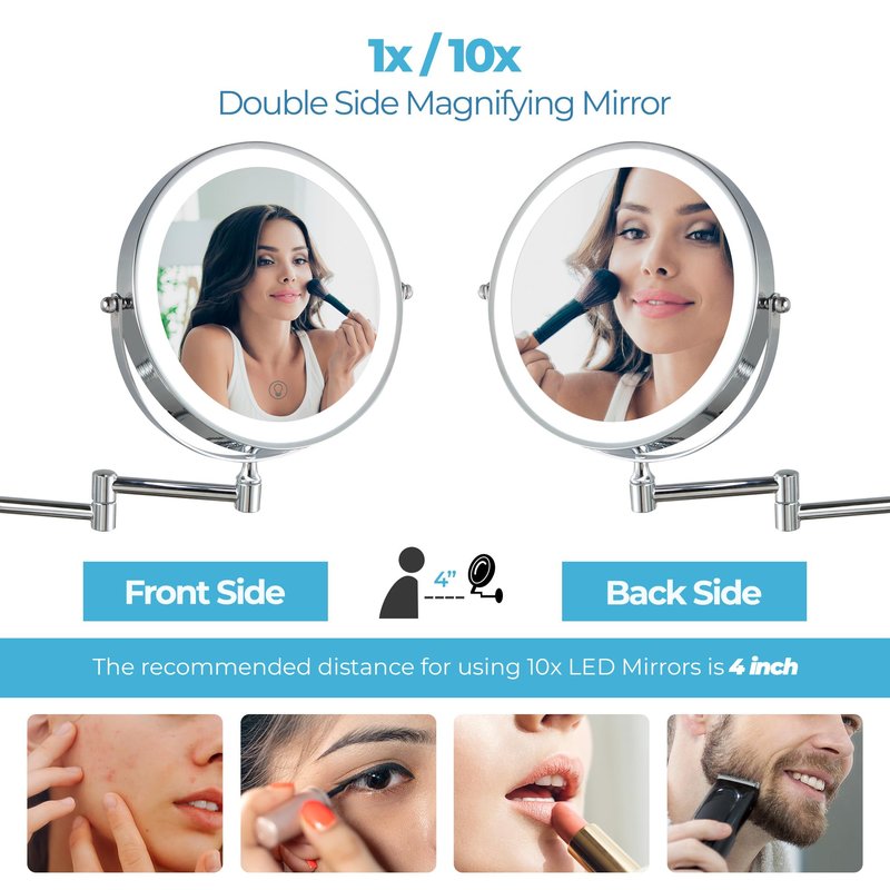 Fab Glass and Mirror Lighted Vanity Wall Mirror 1X/10X Magnifying, 8" Rechargeable 2000mAh Wall Mounted Makeup with 3 Color LED, Double-Sided Bathroom Touch Dimmable 360 Rotation Chrome