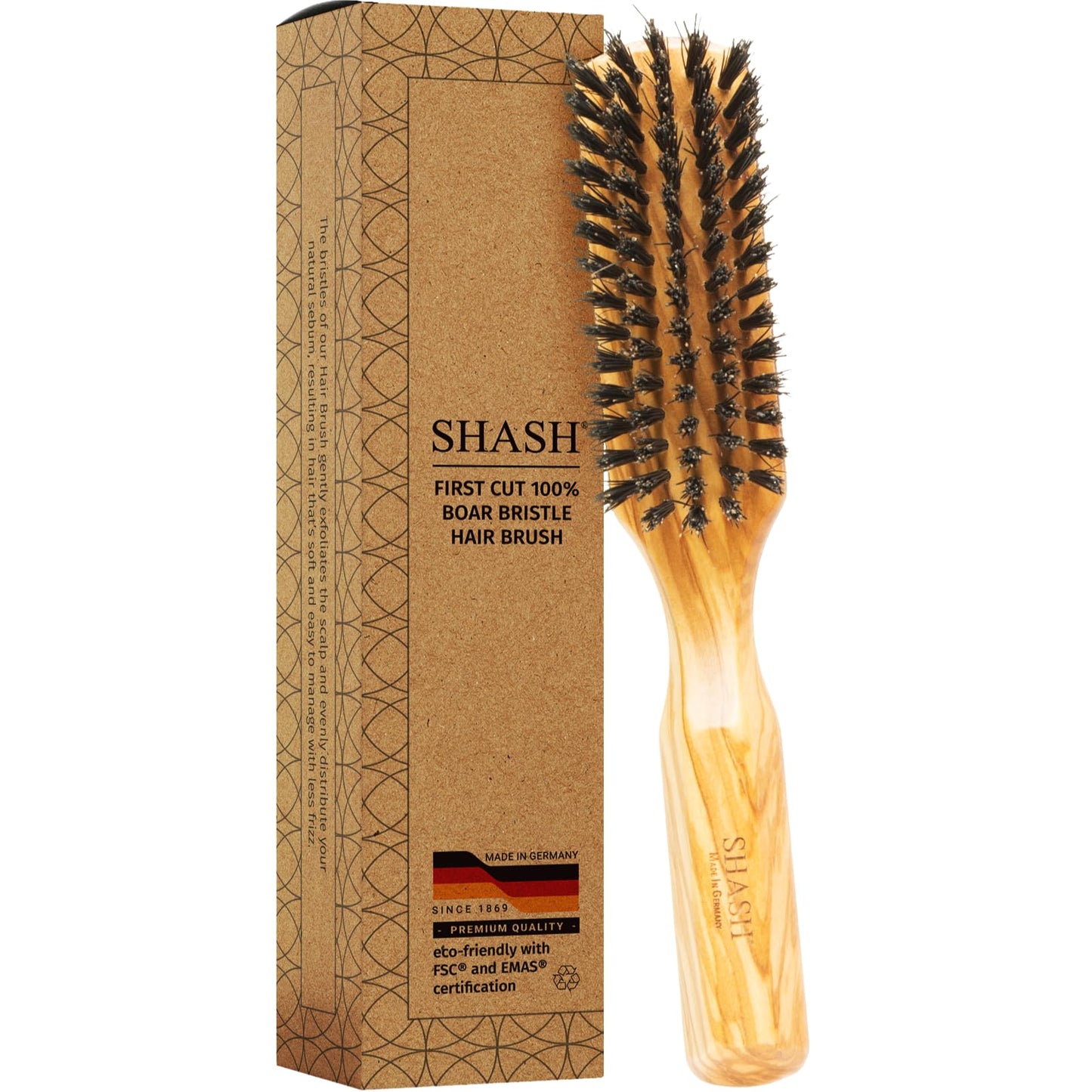 SHASH 100% First Cut Boar Bristle Hair Brush, Suitable For Thin To Normal Hair - Naturally Conditions Hair, Improves Texture, Exfoliates, Stimulates, Made in Germany (Black, Small)