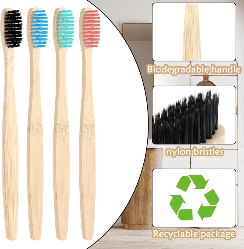 Bamboo Toothbrushes - 200 Pcs Soft Bristles Manual Teeth Brushes | Eco-Friendly Travel Set (Black, Pink, Green, Blue)