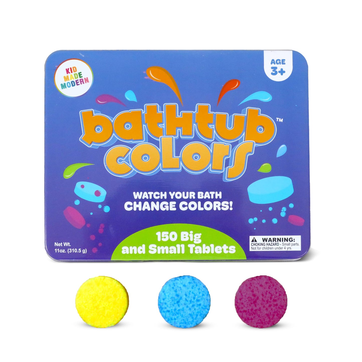 Kid Made Modern Bath Color Tablets for Kids - 450 Non Toxic Bath Drops for Toddlers Blue, Yellow, Pink, and Purple Bathtub Color Fizzies Tablets - Fun & Mini Bath Bombs (150 Count / 3 Pack - Ages 3+)