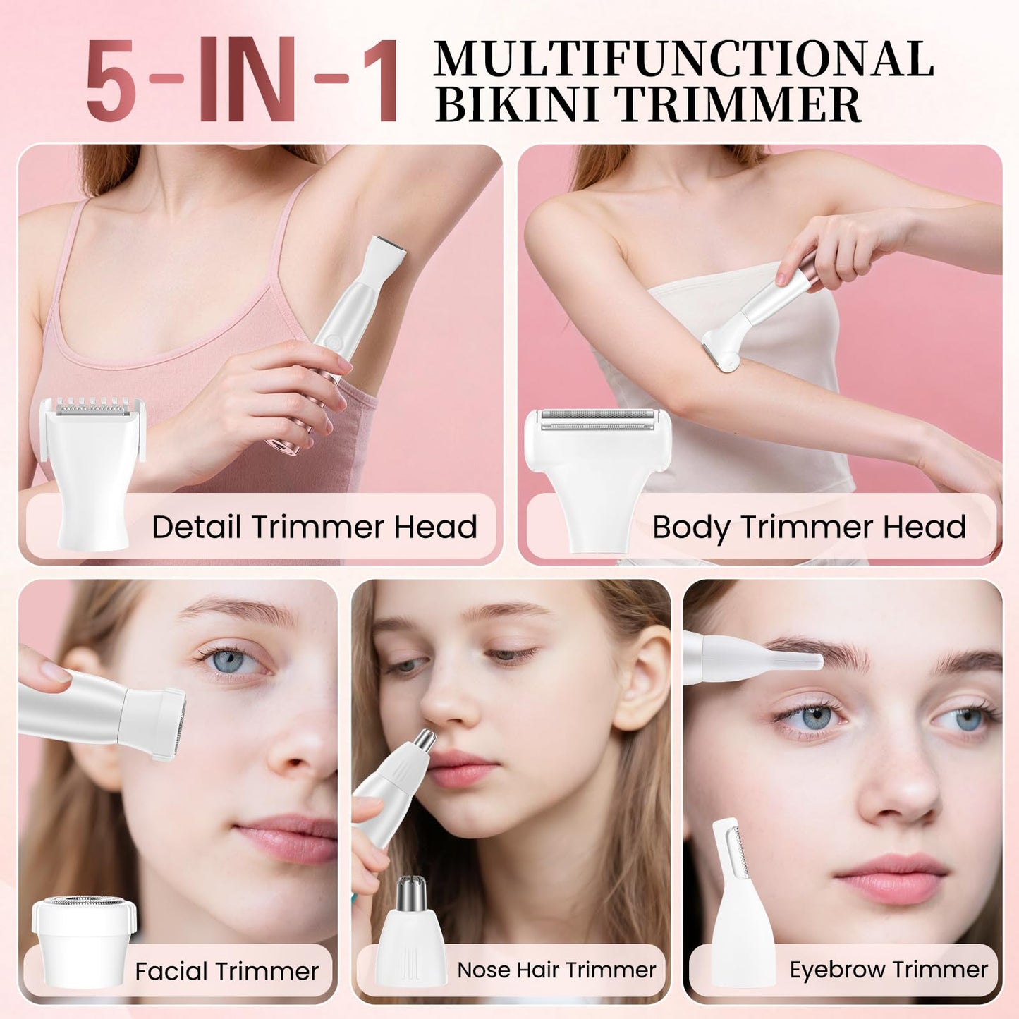 5-in-1 Bikini Trimmer Electric Razors for Women, Cordless Electric Shaver with LCD Display for Facial Body Legs Hair, Rechargeable Waterproof Pubic Body Hair Trimmer Holiday Birthday Gifts for Women