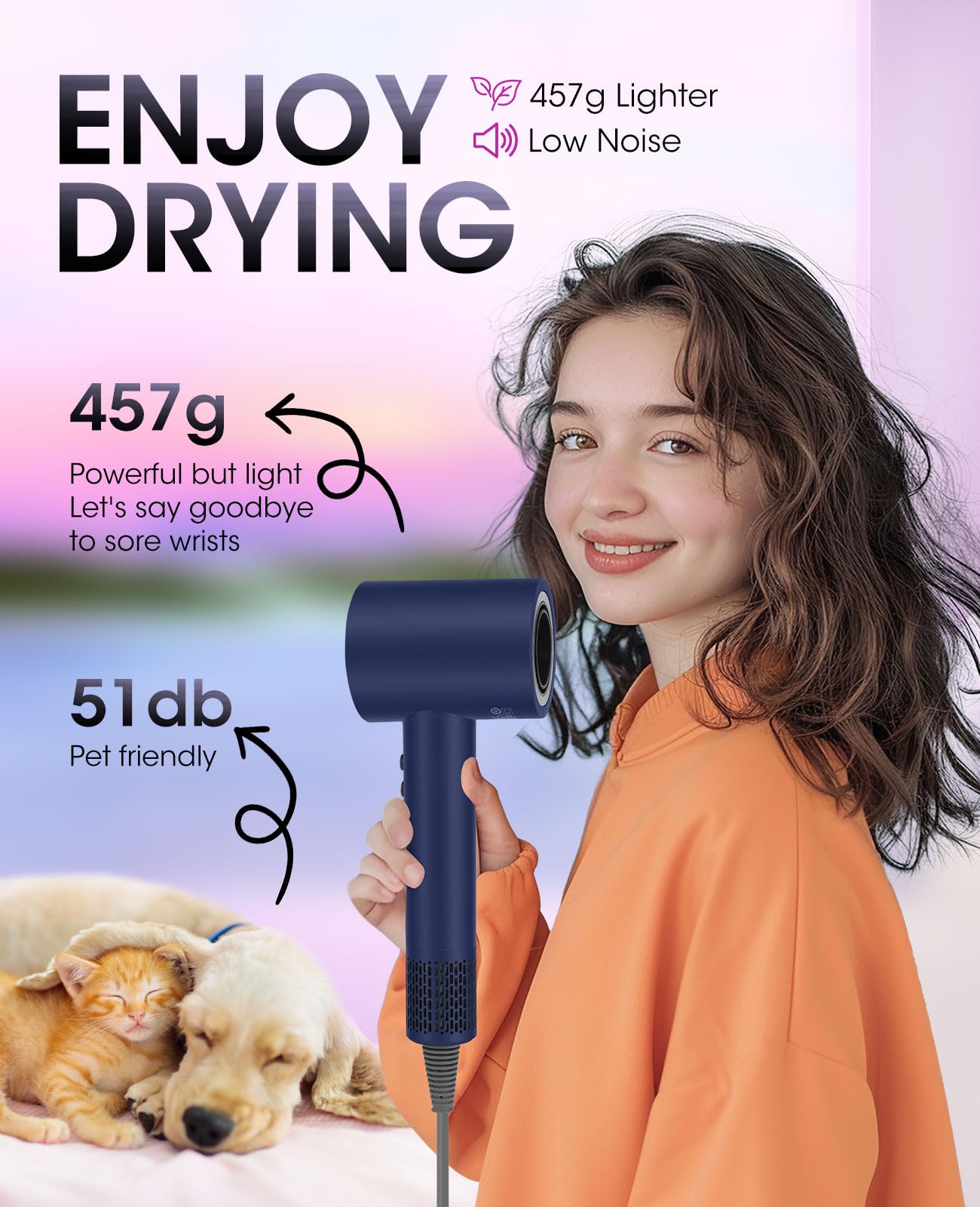 LEMULEGU Hair Dryer,110000 RPM High-Speed Brushless Motor for Fast Drying with HD Digital Display Low Noise Compact Hair Blow Dryer for Curly Hair for Home Travel Salon #201Purple Blue