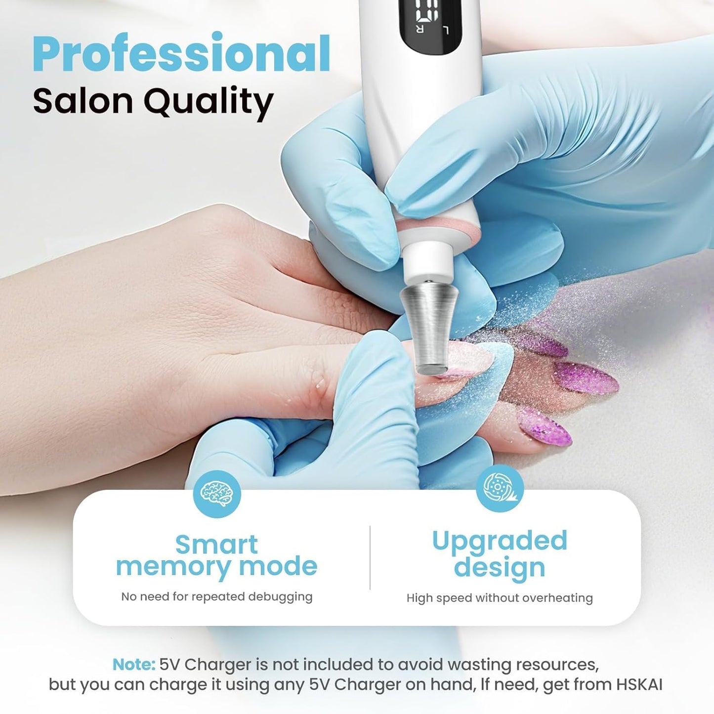 HSKAI Nail Drill, Electric Nail File with LCD & Lamp, Long-Lasting Thick Toenail Grind, Rechargeable & Cordless Toe Nail Tools for Women & Men Manicure and Pedicure Gifts