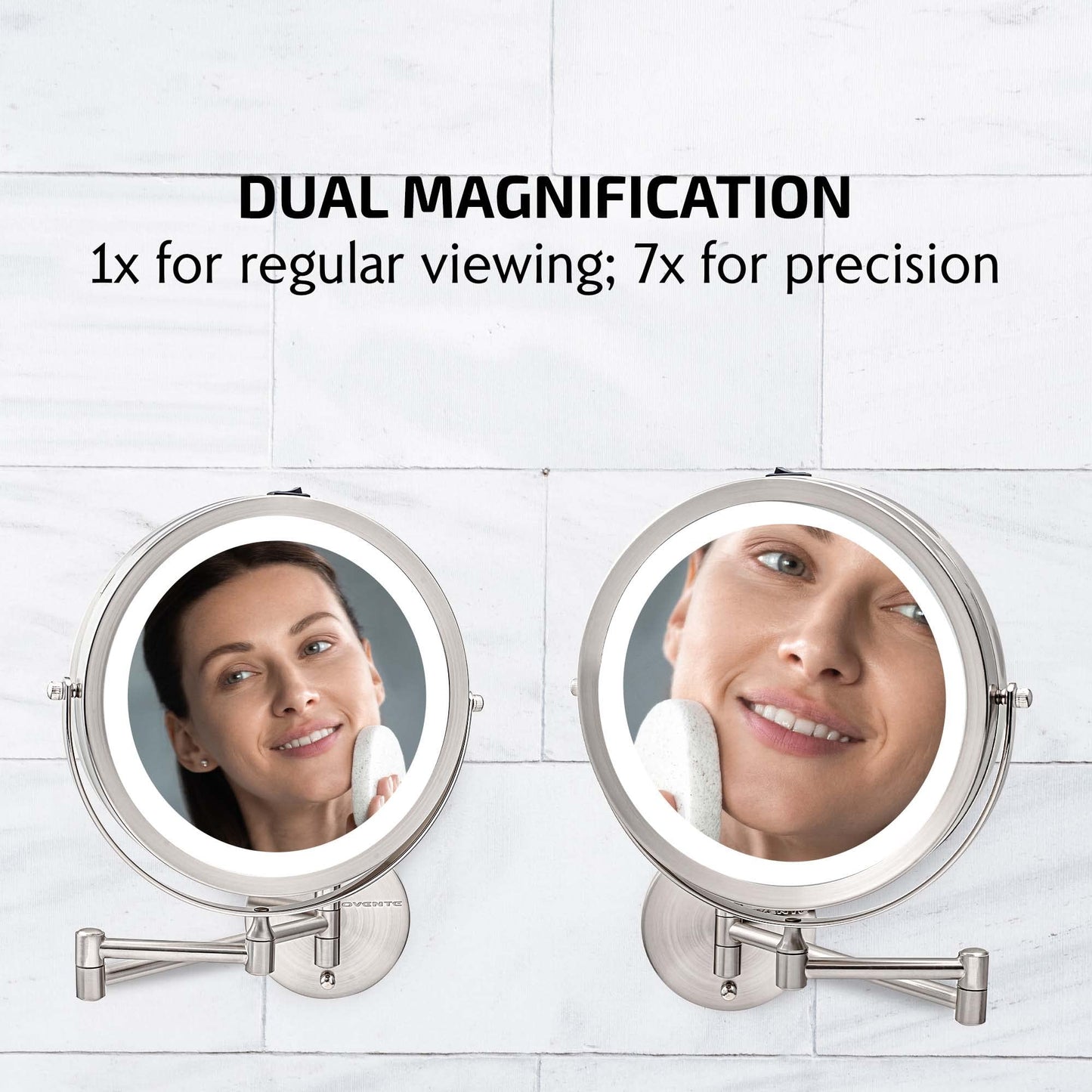OVENTE Wall Mounted Lighted Makeup Mirror, 9" Double Sided 1X/7X Magnifying Vanity Mirror for Bathroom with LED Lights, Cordless, 360° Rotation and 13" Extendable Arm, Nickel Brushed MFW85BR1X7X