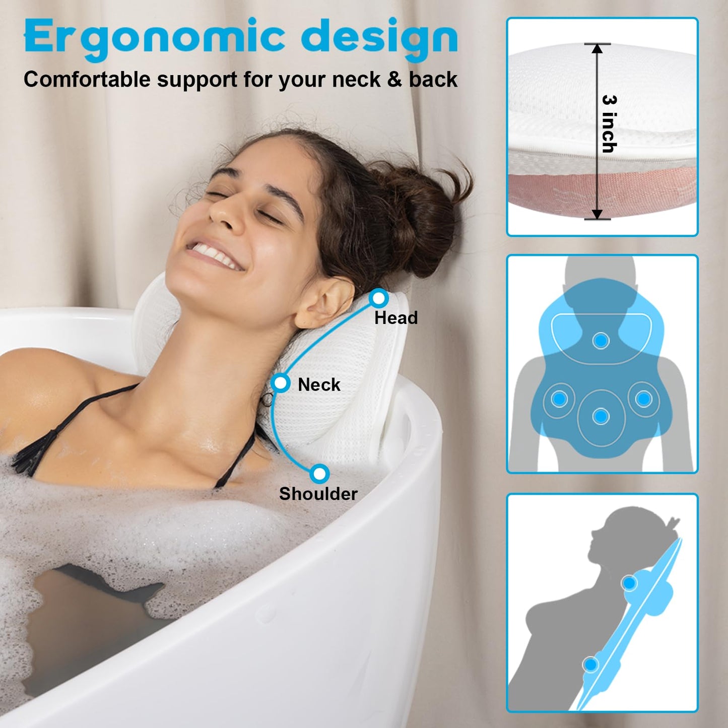 JUSDOO Bath Pillows for Tub Neck and Back Support - Upgraded Non-Slip Rubber Backing & 6 Suction Cups, 4D Air Mesh Spa Bathtub Cushion for Head Rest, Machine Washable with Laundry Bag & Hook (Gray)