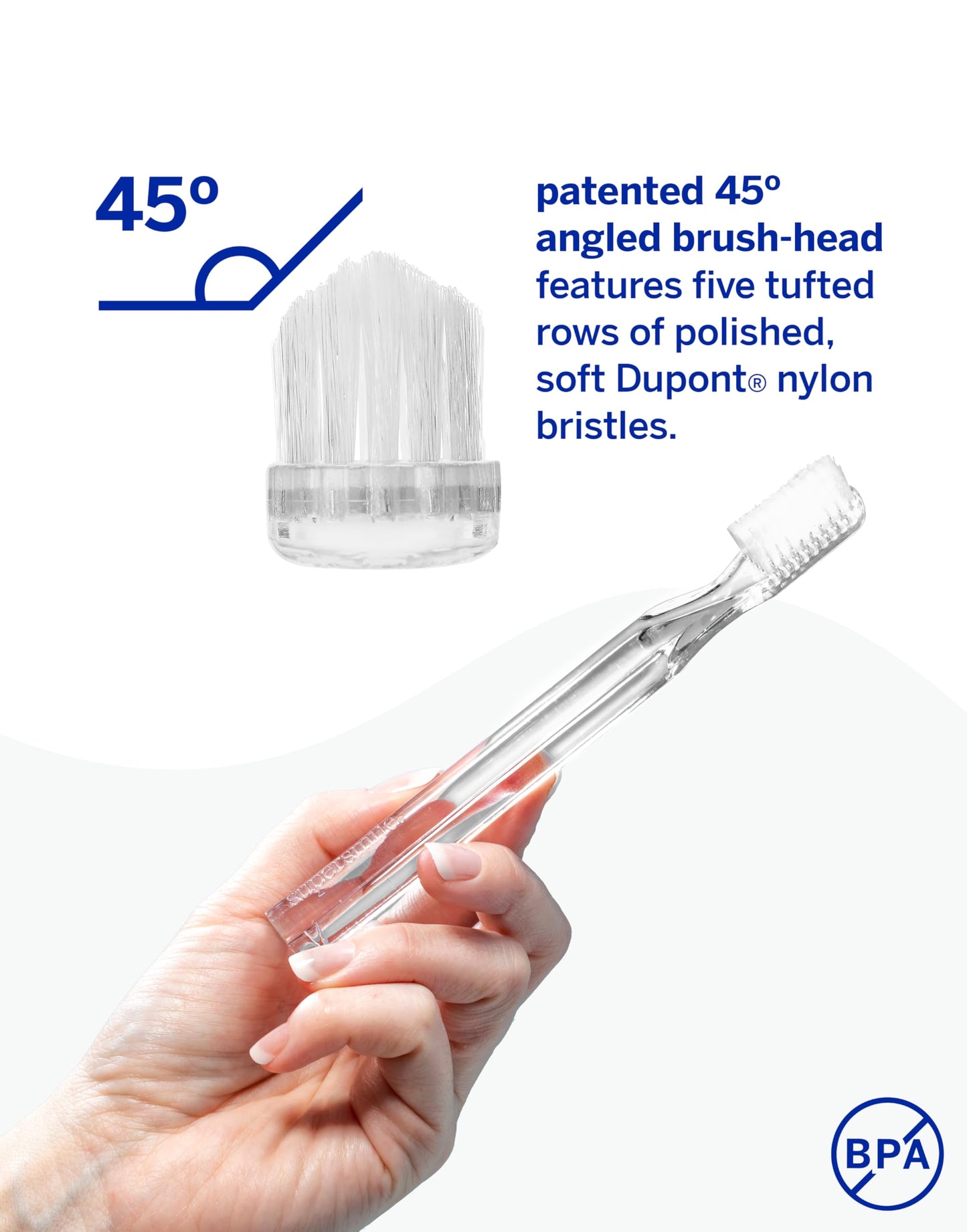 Supersmile New Generation Toothbrush, Clear, 2 Pack Toothbrush, Patented 45° Angled Soft Bristle Toothbrush with DuPont® Bristles, Ergonomic Handle, Safe for Veneers