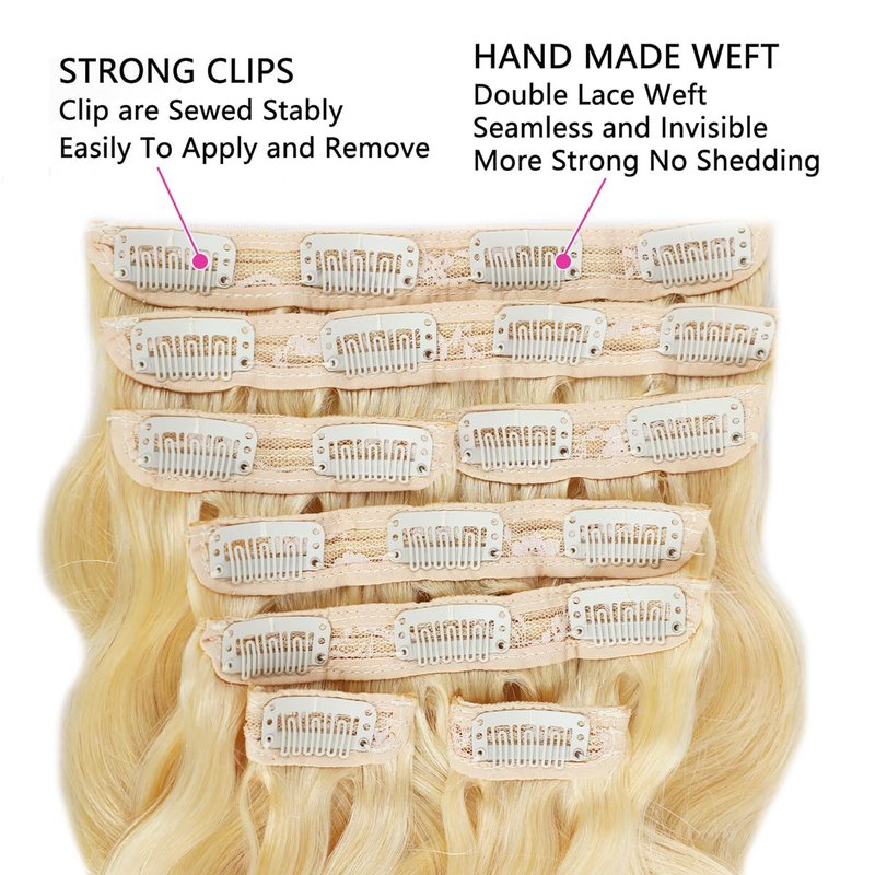 Blonde Clip-In Hair Extensions - 12 Inch Body Wave 613 | 8 Pcs, 110g Real Human Hair