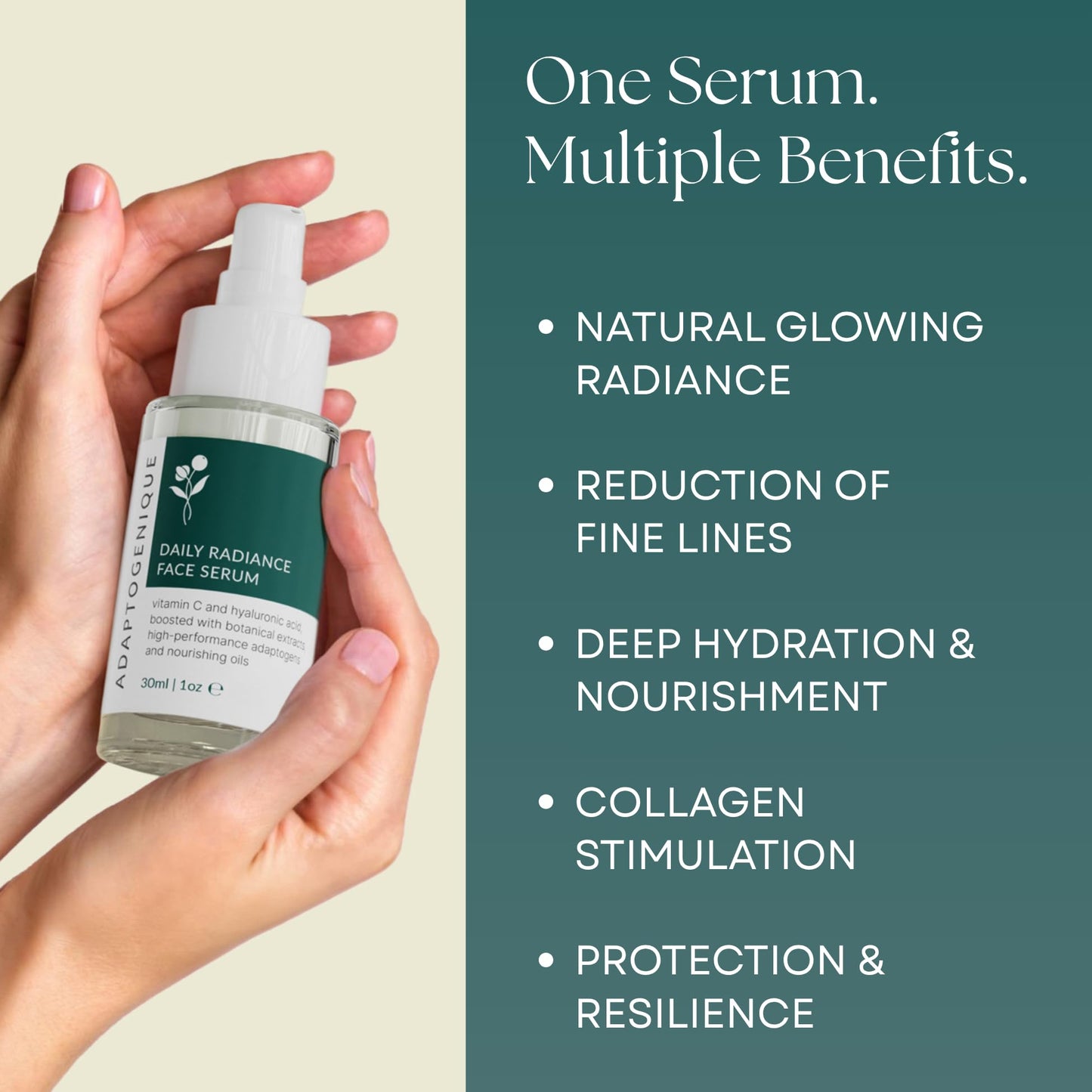 Adaptogenique Daily Radiance Face Serum with Vitamin C & Hyaluronic Acid | Hydrates, Brightens & Fights Aging, Protects from Sun Damage | With Botanical Extracts, Adaptogens & Nourishing Oils | 30ML