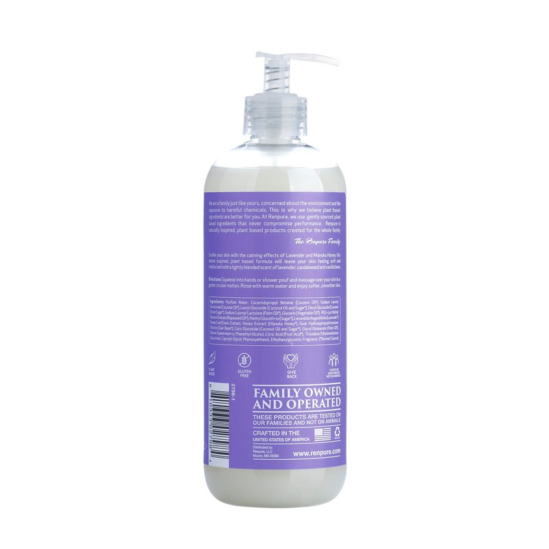 RENPURE Plant-Based Organic Natural Lavender Body Wash, Manuka Honey & Coconut Oil for Body – Sulfate Free, Moisturizing Shower Gel & Sensitive Skin Body Wash with Pump for Women, 19 Ounce