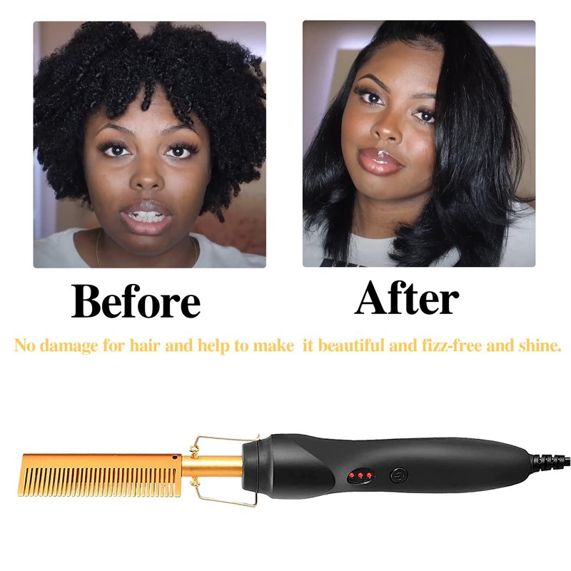 Diamond Electric Adjustable Temperature Hair Straightener Brush Set for Wigs and Natural Black Hair (Gold)