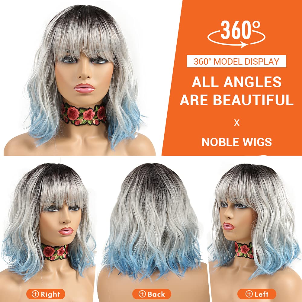 NOBLE Blue Wig with Bangs 12 Inches Short Bob Curly Wig Blue Wigs for Women Colorful Wavy Bob Wigs with Air Bangs Heat Resistant Synthetic Silver Blue Halloween Wigs for Cosplay Party