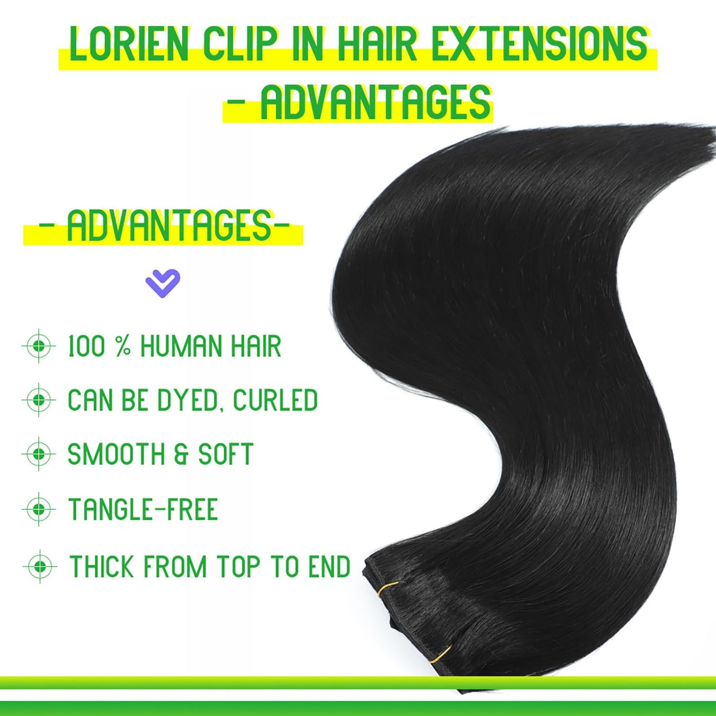 LORIEN Clip-In Hair Extensions - 100% Brazilian Remy Human Hair, 16 Inch, Jet Black, 8pcs Set with 18 Clips