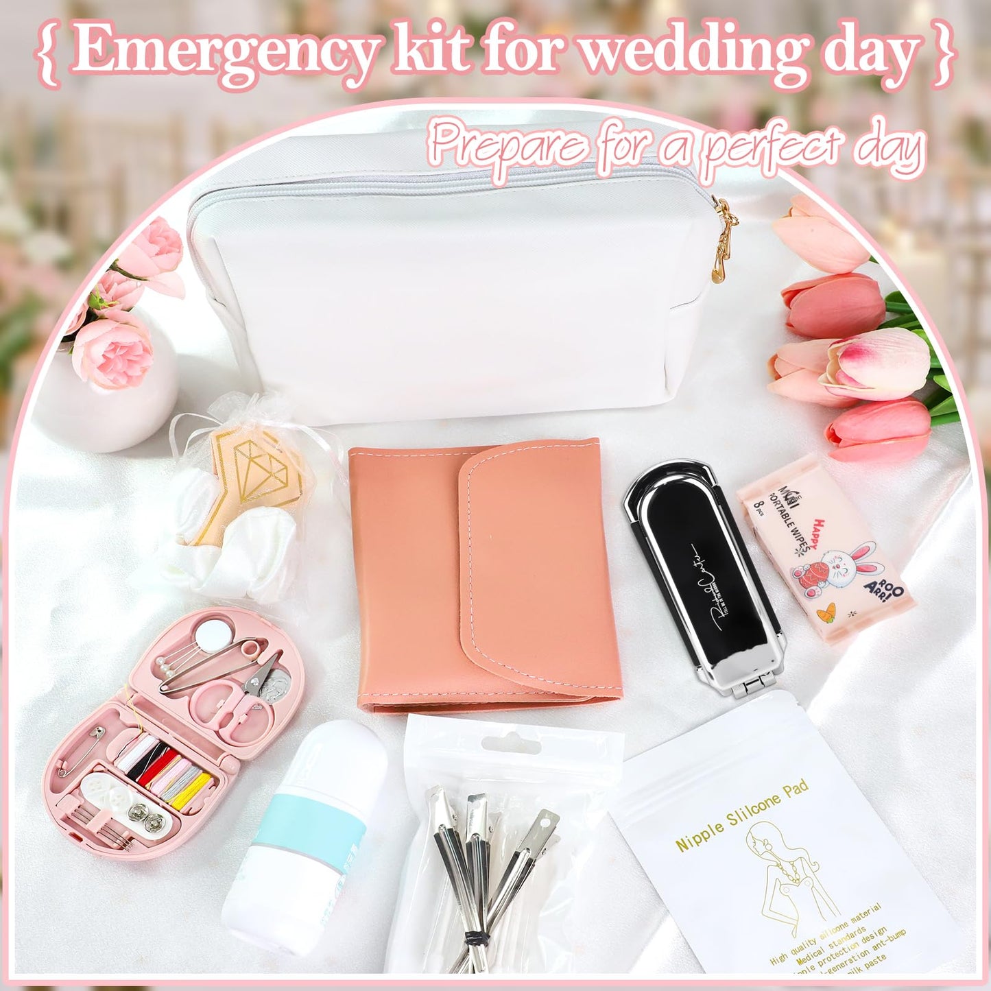Bridal Emergency Kit for Wedding Day,Wedding Essentials Survival Set for Team Bride,Must-Have 30+ Essentials Personal Care Travel Kit with Makeup Bag