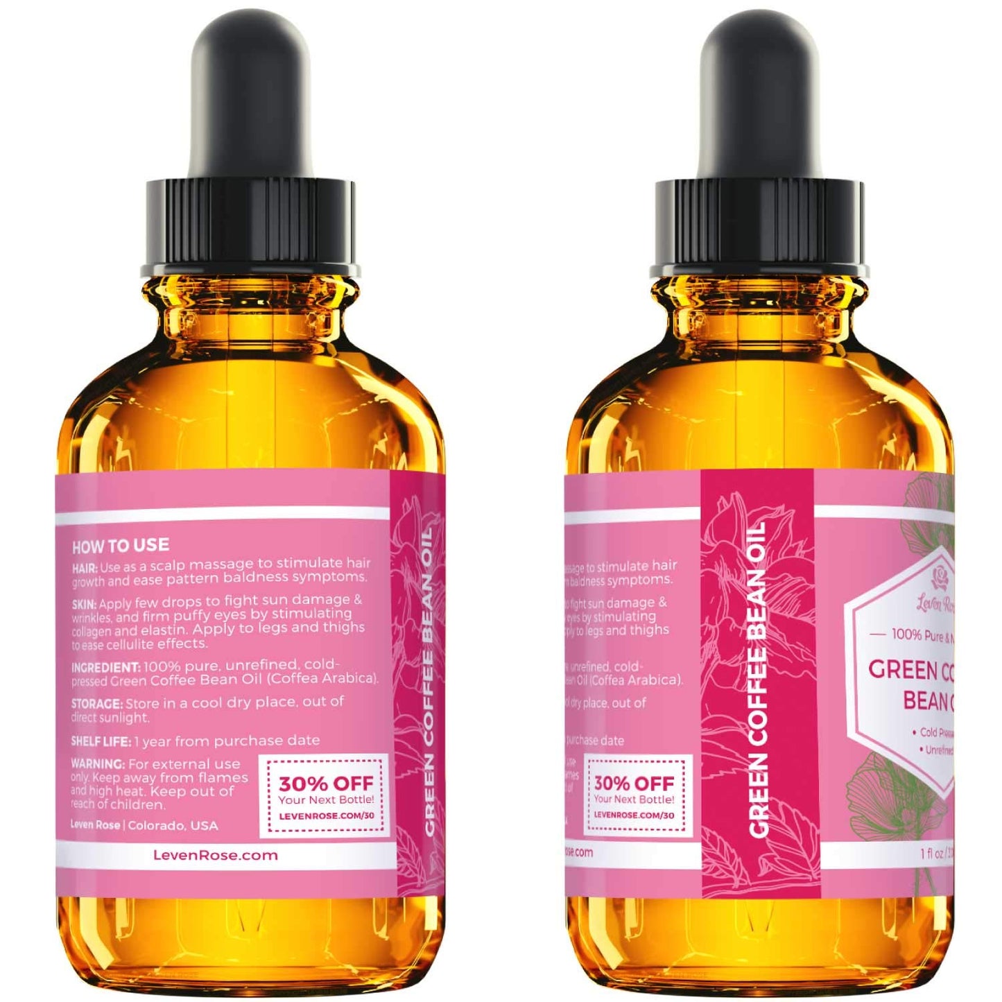 Leven Rose Green Coffee Bean Oil - 100% Natural Cold Pressed Oil for Eyes, Face, Nails & Hair | 1 oz Bottle