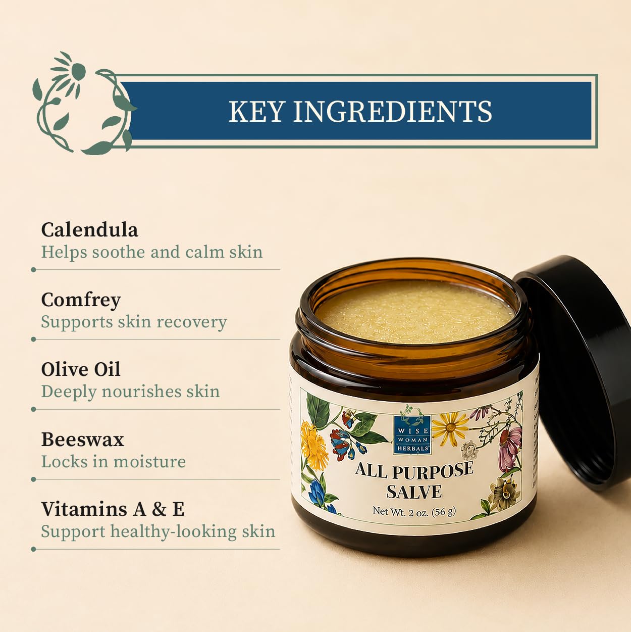 Wise Woman Herbals All-Purpose Salve, Herbal Balm with Calendula & Comfrey, Soothes Dry, Irritated Skin, Postpartum Skin Care, Nourishing Skin Support for All Ages, Non-GMO, 2 oz Jar