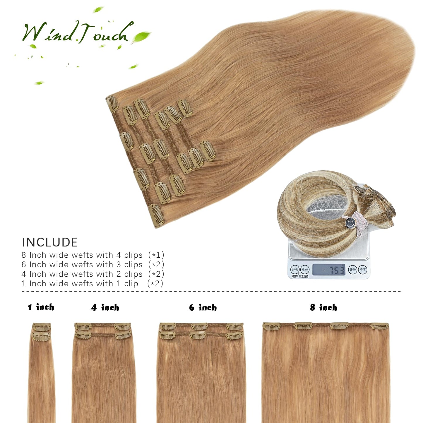 WindTouch Clip in Hair Extensions Real Human Hair Dark Blonde Hair Extensions 15Inch Straight 7PCS #12 Reddish Blonde 75g Human Hair Clip In Extensions