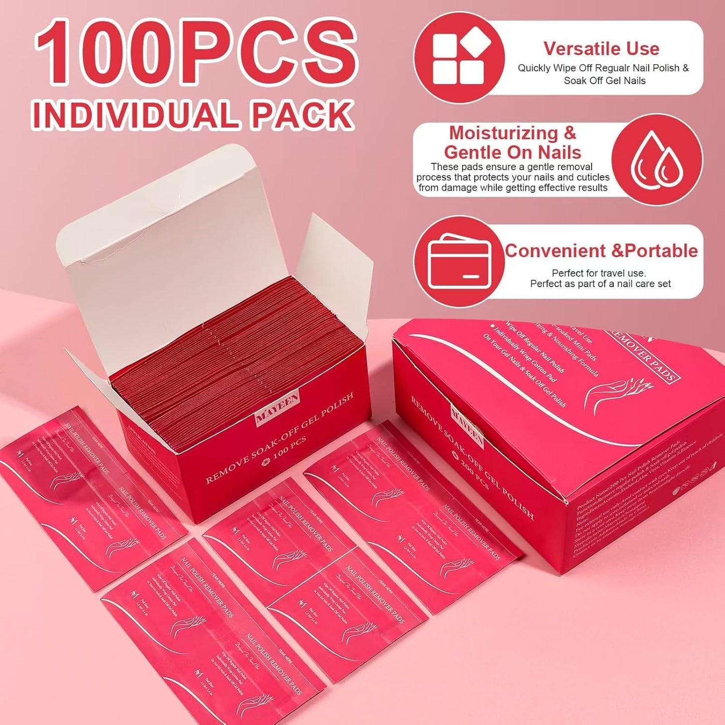 MAYEEN Nail Polish Remover Pads Individually Wrapped Acetone Gel Polish Remover Pads For Gel & Acrylic Nails Moisturizing & Gentle Travel Pads