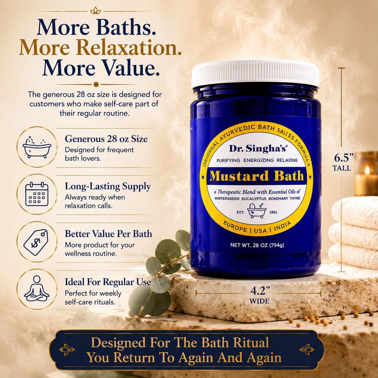 Dr. Singha's Mustard Bath Soak – Aromatherapy Bath Salts with Mustard Seed & Essential Oils for Muscle Relaxation, Stress Relief & Soothing – Epsom Salt Alternative, 28 oz