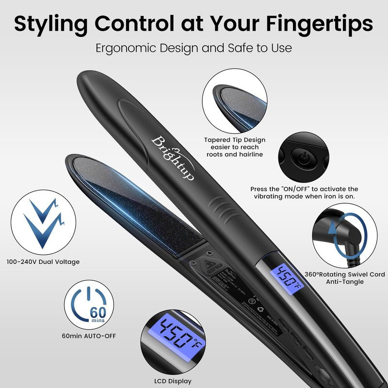 Brightup 2-in-1 Hair Straightener & Curler with 1" Vibrating Plates, Tourmaline Ceramic for Less Frizz & Shiny Smooth Hair, 20S Fast Heating, 10 Temp Settings & Auto Shut Off, Dual Voltage