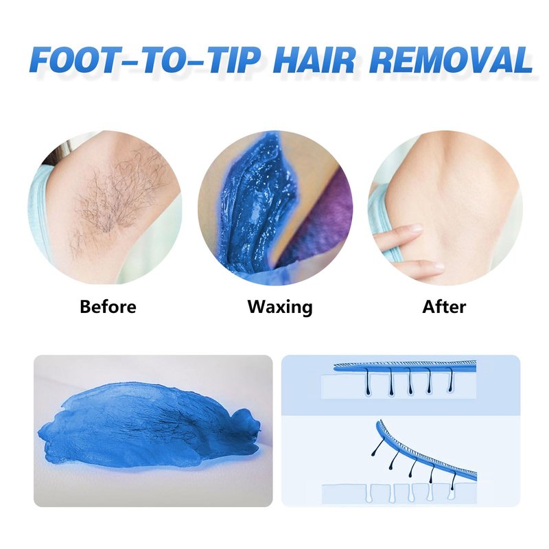 3LB Hard Wax Beads for Hair Removal, Blue Professional Stripless Wax for Coarse Hair, Bikini Brazilian Body Face, Sensitive Skin, Chamomile Scented, Salon & Home Waxing Refill with 5 Sticks
