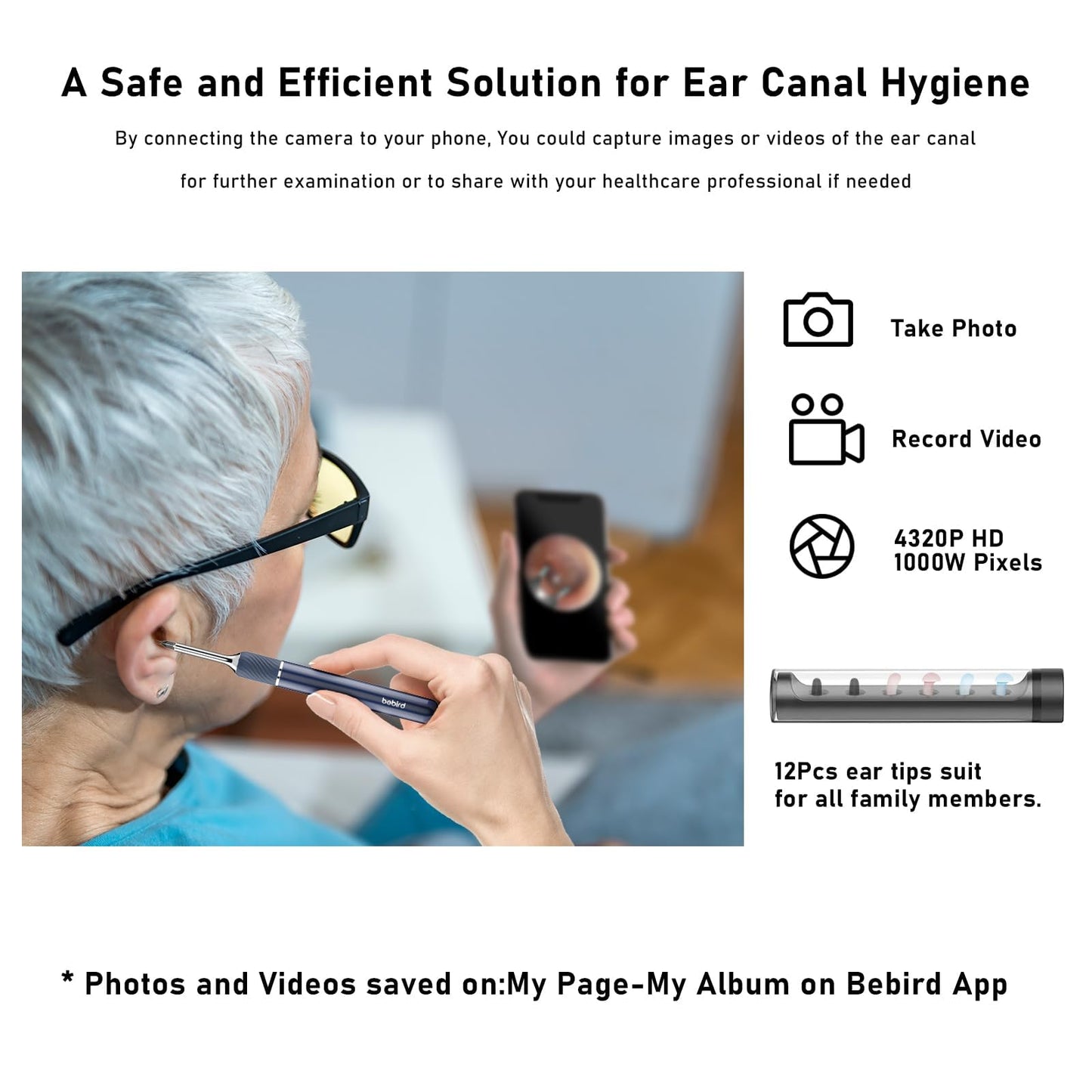 KWYBOW Note5 Ear Wax Tweezers with Camera, 10MP Ear Cleaner Camera Otoscope with Light,Real-time Remote Video with Ear Pick & Tweezers,12 Pcs Ear Scoops for Whole Family