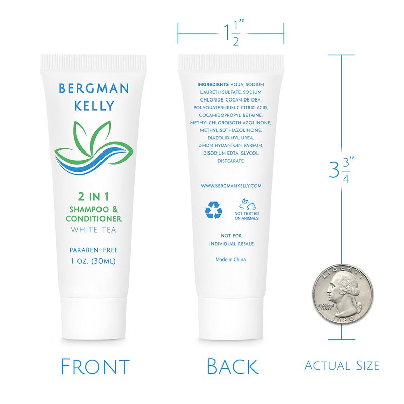 BERGMAN KELLY - Travel Size 2 in 1 Shampoo & Conditioner - 1 fl oz, 100 PK, White Tea - Delight Your Guests w/Revitalizing & Refreshing Shampoo Amenities, Quality Small Size Hotel Toiletries in Bulk