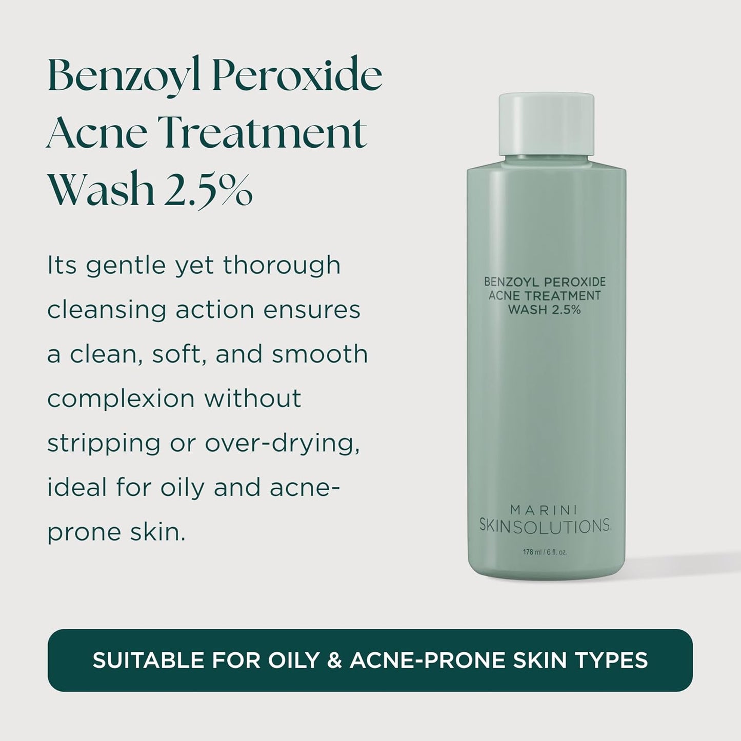 Benzoyl Peroxide Acne Treatment Wash 2.5% - Antibacterial Face Cleanser for Oily Skin | 6 fl oz