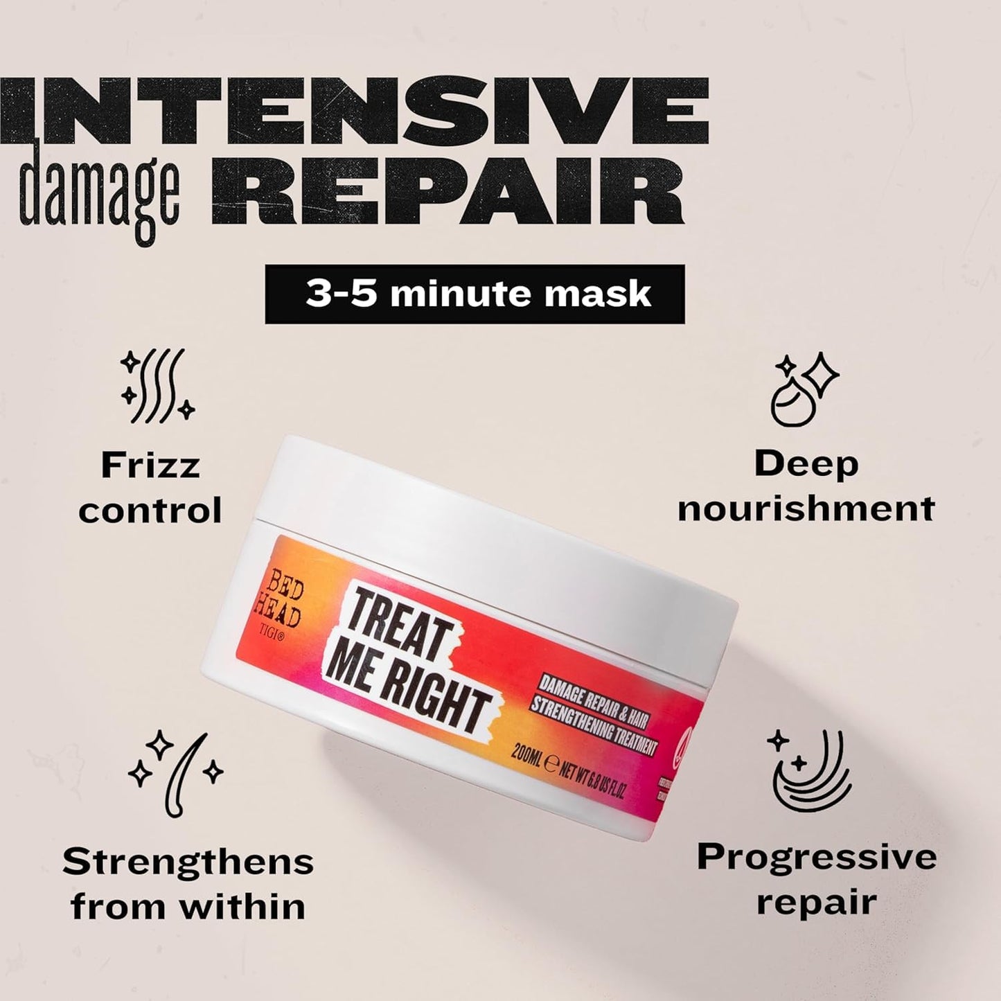 Bed Head by TIGI Treat Me Right Intensive Hair Mask, Deep Conditioning Treatment for Damaged Hair, 6.76 oz