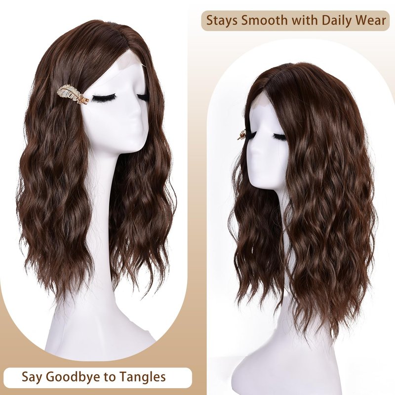 ANNISOUL Brown Short Wavy Wigs for Women 18Inch Bob Wave Wig Middle Part Synthetic Lace Front Natural Hairline Hair for Daily Party Use