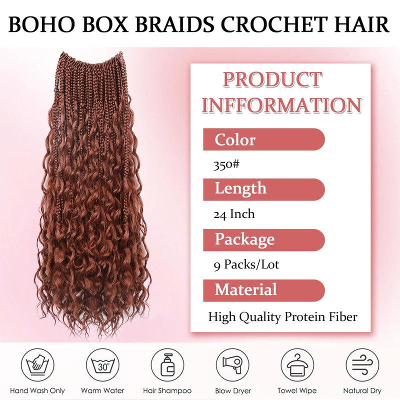 9 Packs Boho Box Braids Crochet Hair 24 Inch Pure Protein Fiber Similar to Human Hair Goddess Box Braids Crochet Hair With Curly Ends Pre Looped Bohemian Braid Hair Extension For Women(24 Inch,350#)