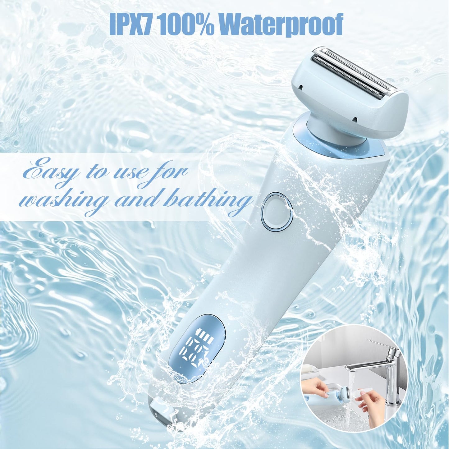 Electric Shaver for Women, SilkGlide Cordless Razor with 2 Removable Heads for Leg Arm Underarm Bikini Area, Painless Hypoallergenic Lady Trimmer, IPX7 Waterproof Wet Dry Use, USB Rechargeable, Blue