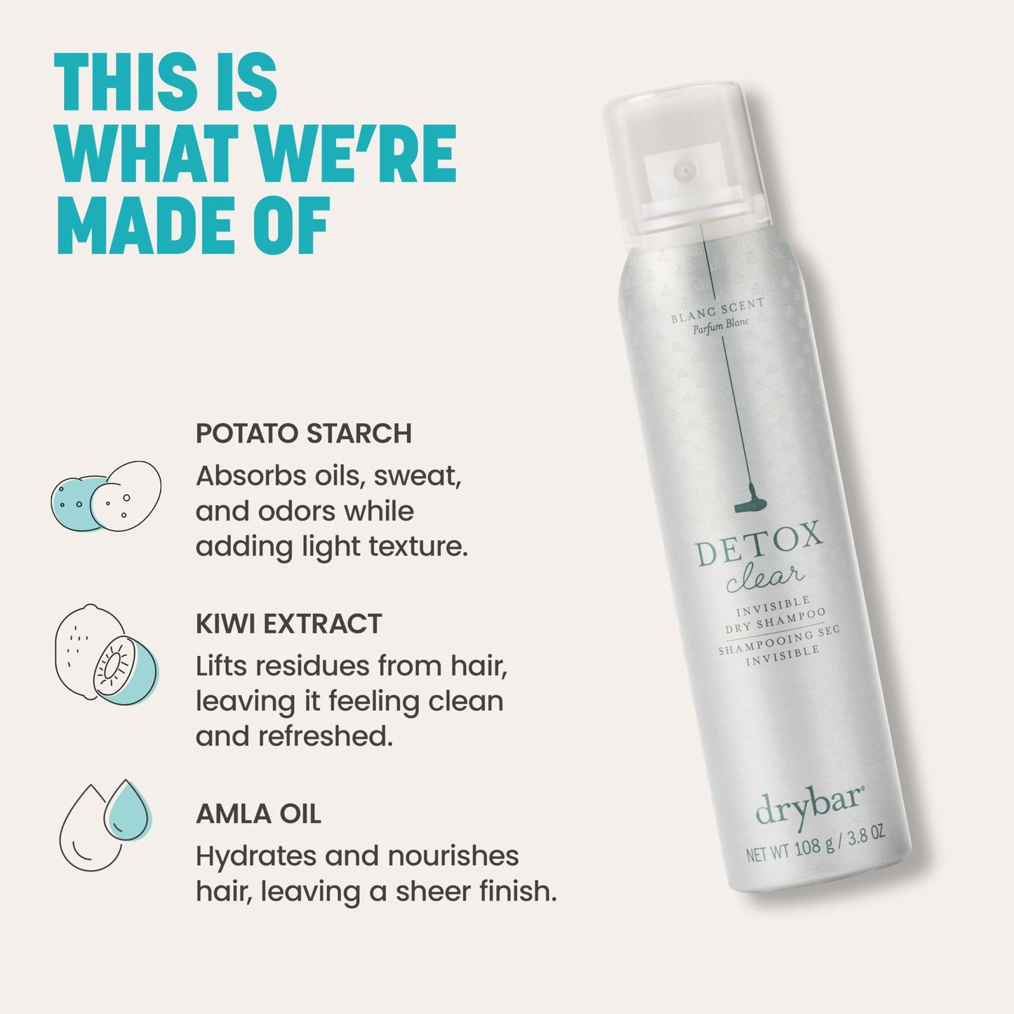 Drybar Detox Clear Invisible Dry Shampoo Spray, Absorbs Light Oils, Leaves Hair Feeling Clean & Refreshed with Soft Sheer Finish, For All Hair Types, Blanc Scent, 3.8 Oz