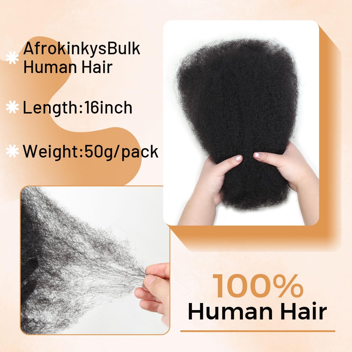 16 Inch Afro Kinkys Bulk Human Hair For Twist,100% Human Hair 4C Kinky-Curly for Dreadlocks, Loc Repair, Braiding Hair(Natural Black, 50 Gram)